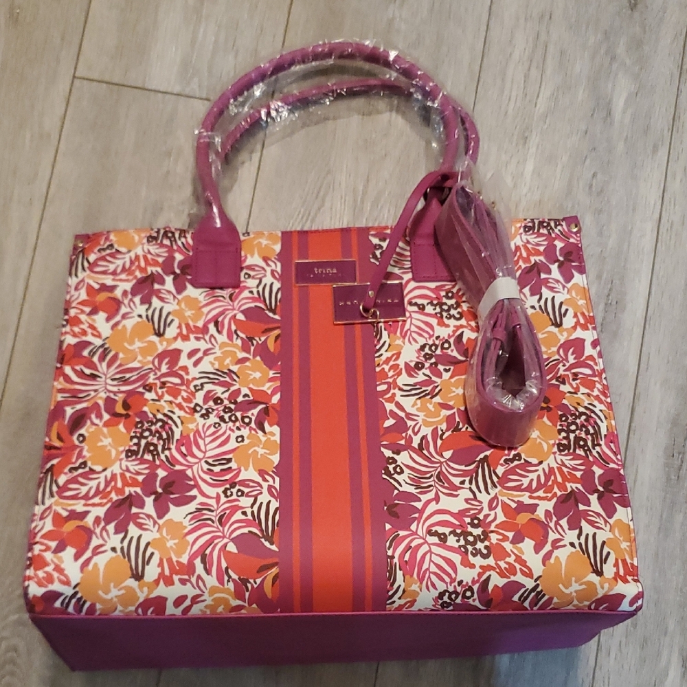 Trina Turk Purse Tote Marjorelle Garden With Stripe Pink Orange - MSRP $245